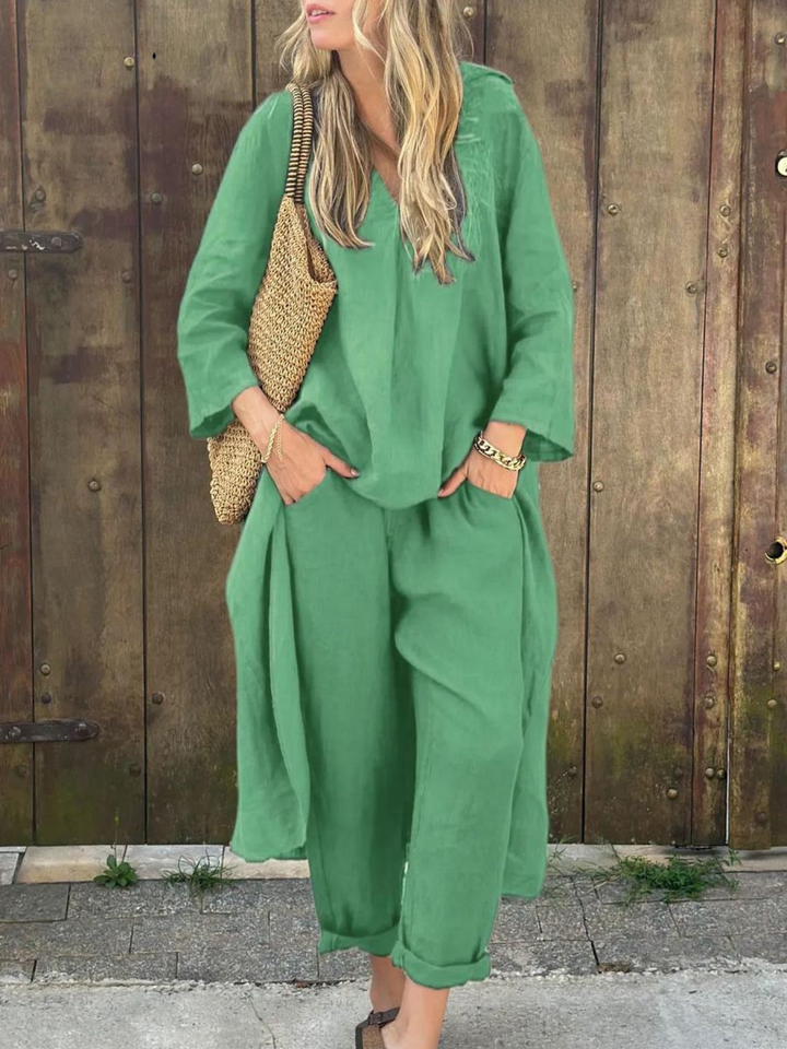 Conjunto de Top de Cuello en V Lila y Pantalones de Pierna Ancha