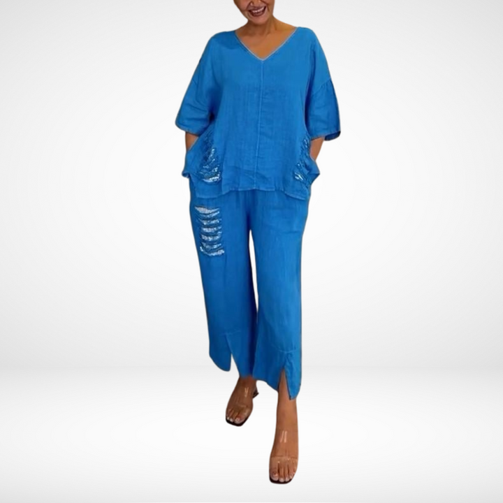 Briella™ Elegante Conjunto de Verano de Dos Piezas | Top de Cuello en V y Pantalón Ancho