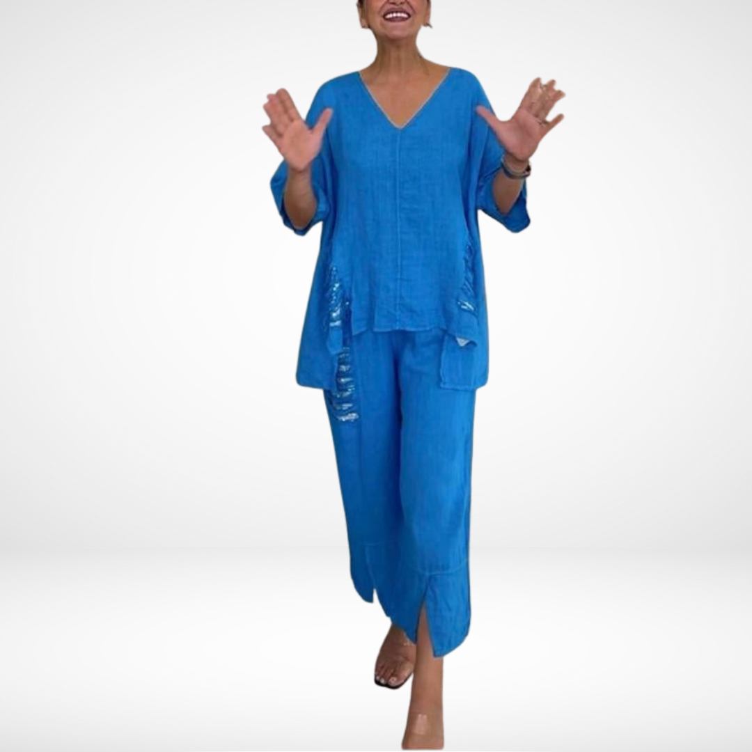 Briella™ Elegante Conjunto de Verano de Dos Piezas | Top de Cuello en V y Pantalón Ancho