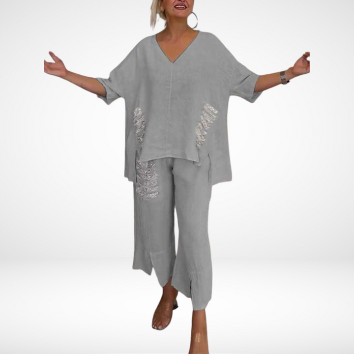 Briella™ Elegante Conjunto de Verano de Dos Piezas | Top de Cuello en V y Pantalón Ancho