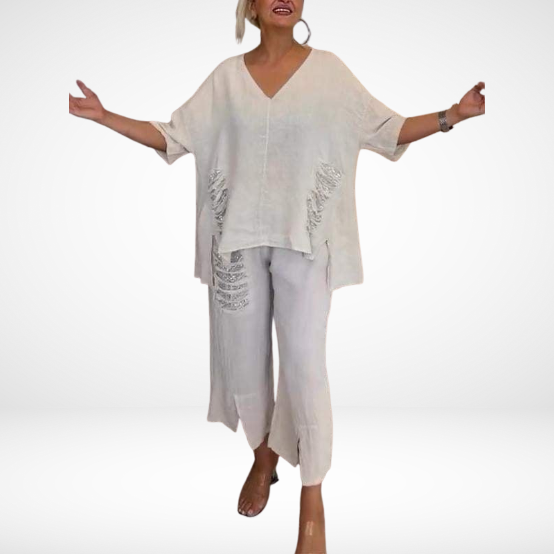 Briella™ Elegante Conjunto de Verano de Dos Piezas | Top de Cuello en V y Pantalón Ancho