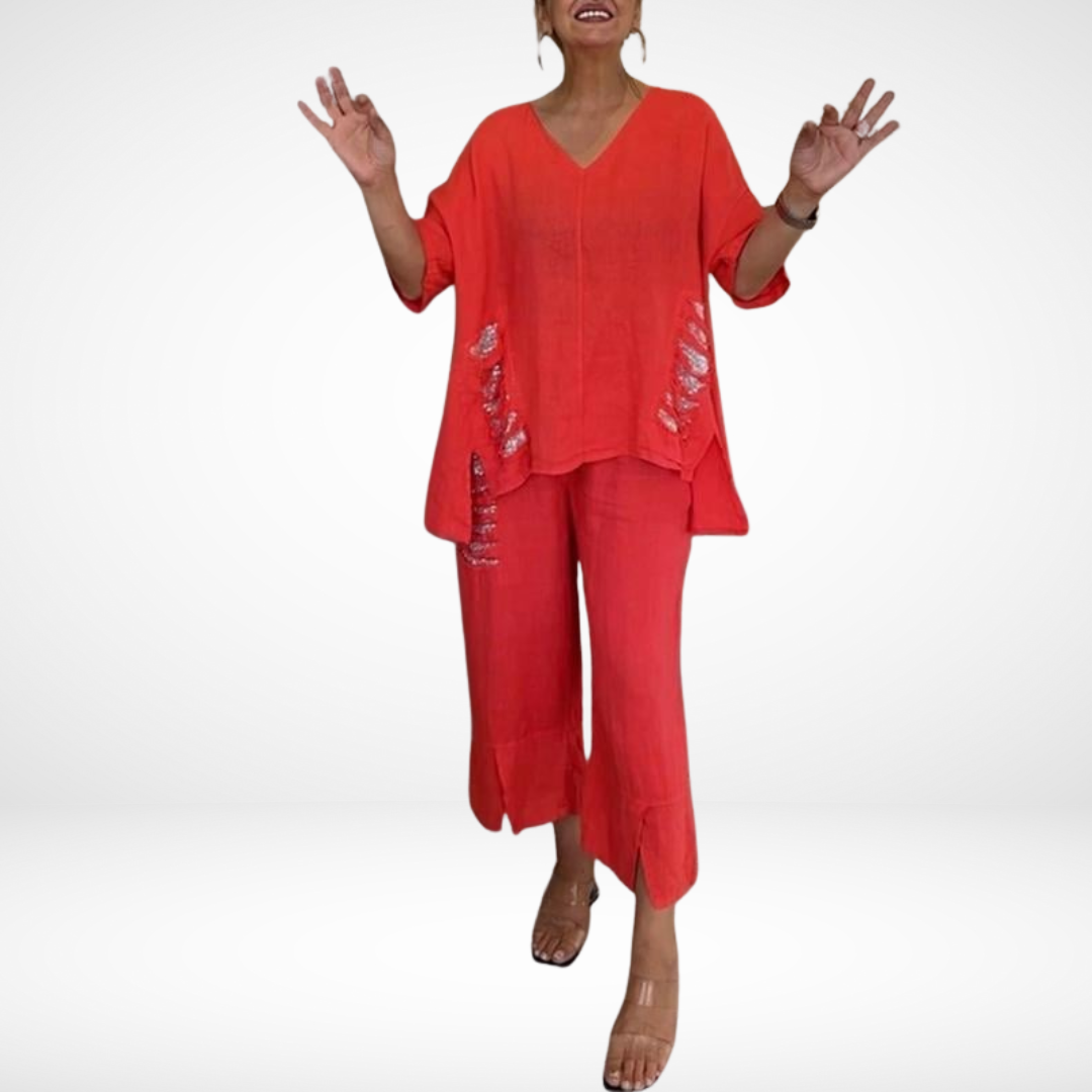 Briella™ Elegante Conjunto de Verano de Dos Piezas | Top de Cuello en V y Pantalón Ancho