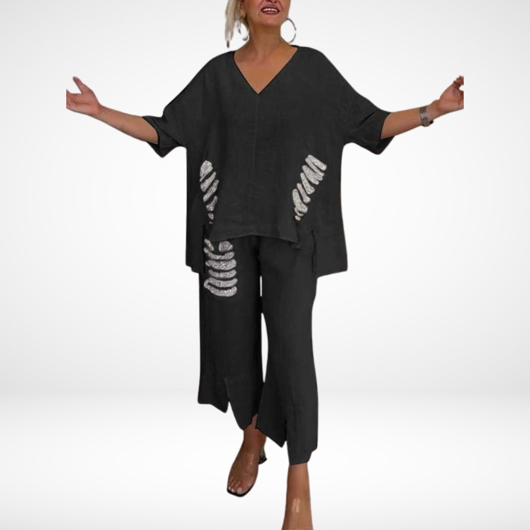 Briella™ Elegante Conjunto de Verano de Dos Piezas | Top de Cuello en V y Pantalón Ancho