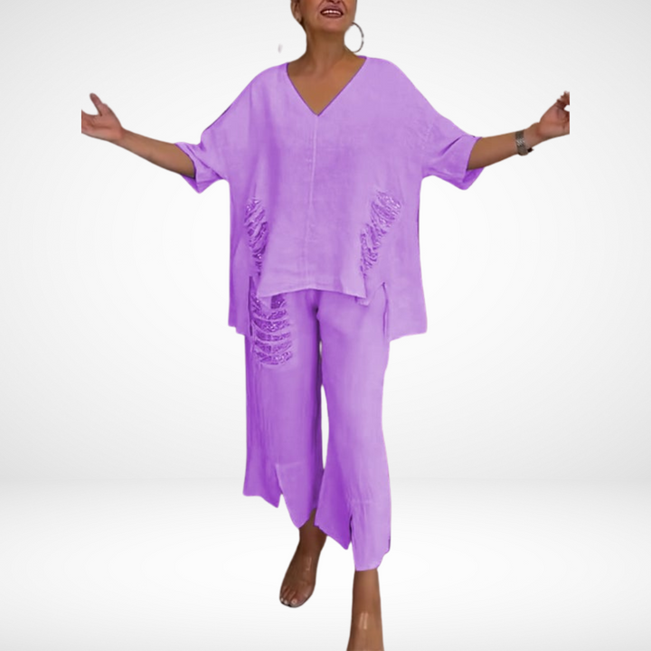 Briella™ Elegante Conjunto de Verano de Dos Piezas | Top de Cuello en V y Pantalón Ancho