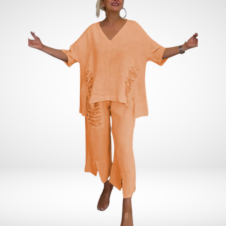 Briella™ Elegante Conjunto de Verano de Dos Piezas | Top de Cuello en V y Pantalón Ancho