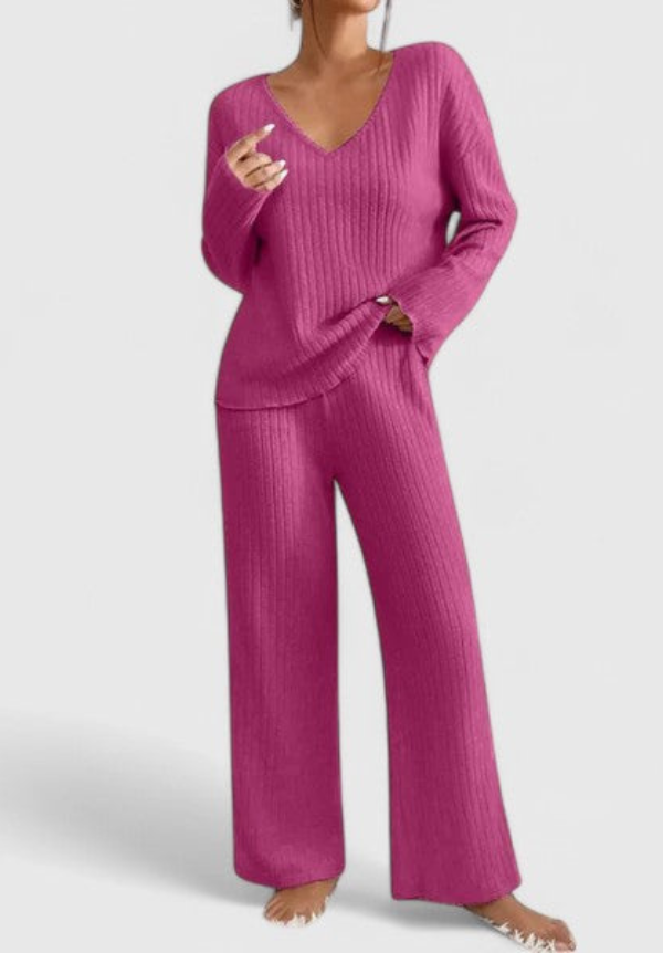 Angeline™ Conjunto Cómodo | Suéter de Cuello en V y Pantalones de Pana Ancha