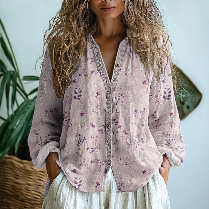 Blusa de Mujer | Estampada con Escote en V y Mangas Largas