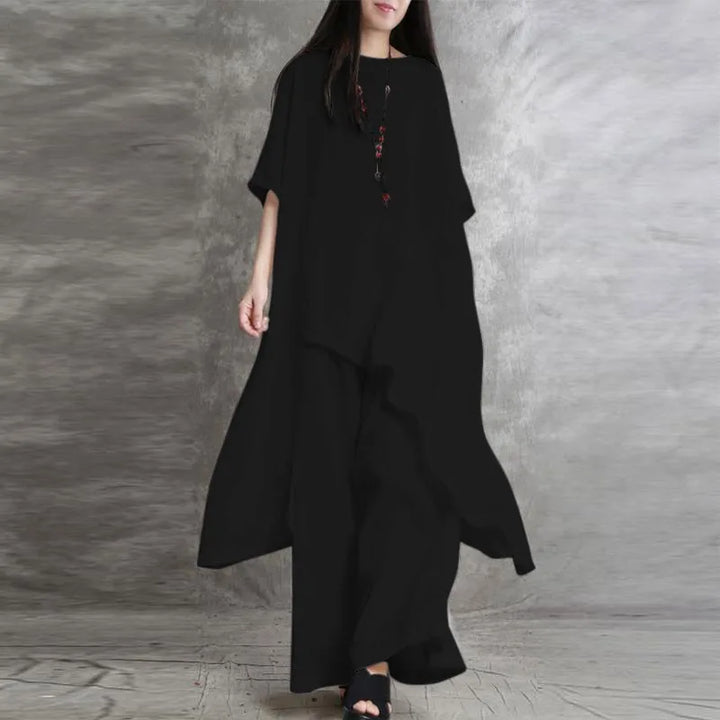 Sabrina | Conjunto de dos piezas: blusa holgada de manga tres cuartos y pantalón de pata ancha con cintura elástica.