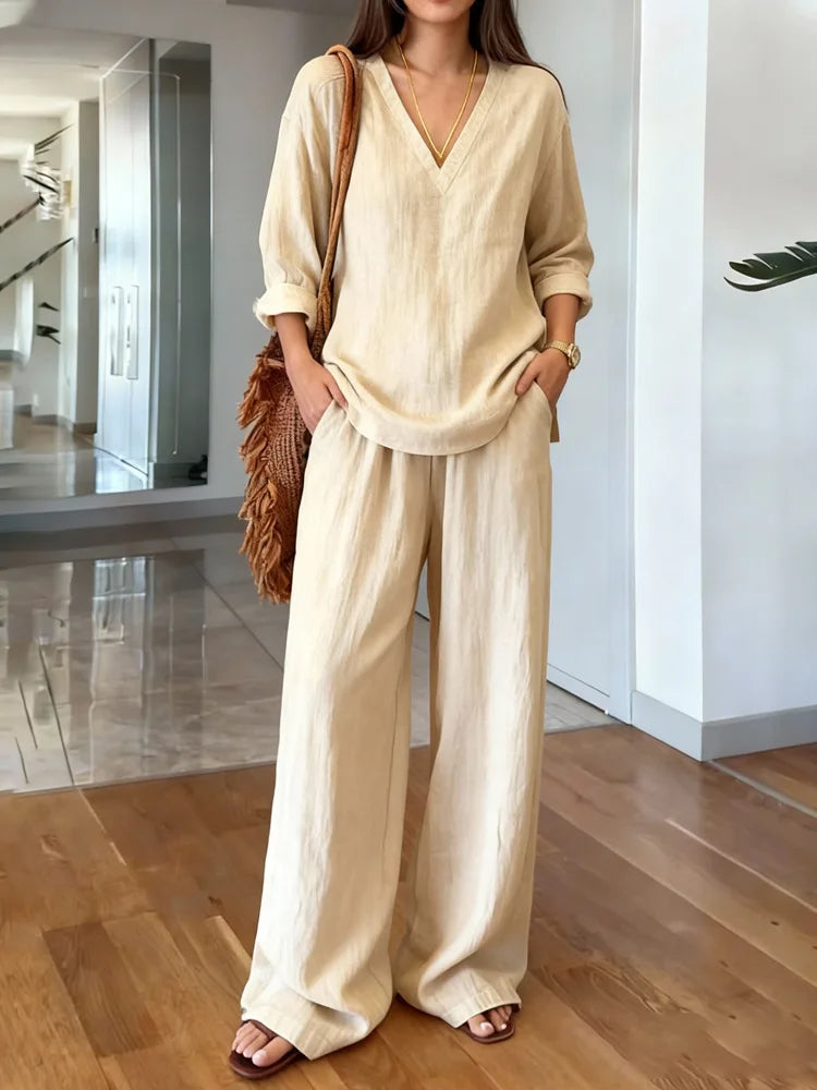 María Pilar | Conjunto casual de lino con textura y escote en V