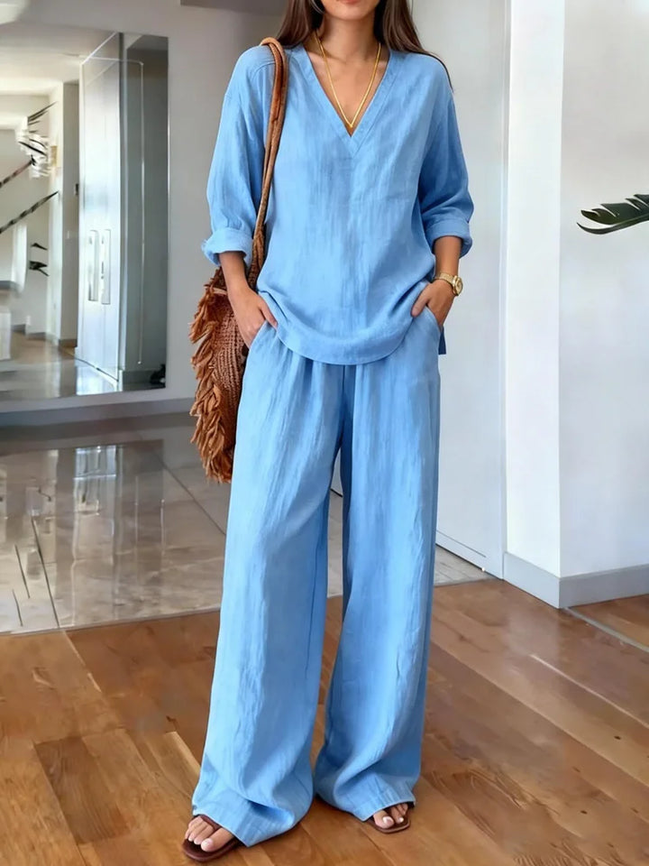 María Pilar | Conjunto casual de lino con textura y escote en V