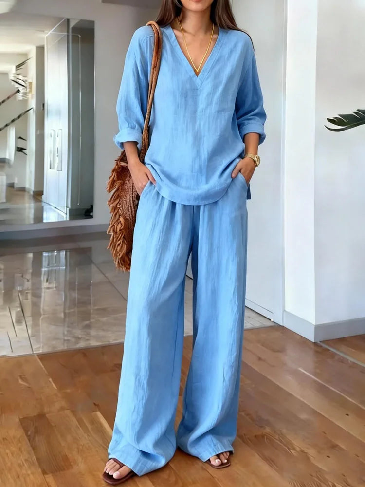 María Pilar | Conjunto casual de lino con textura y escote en V