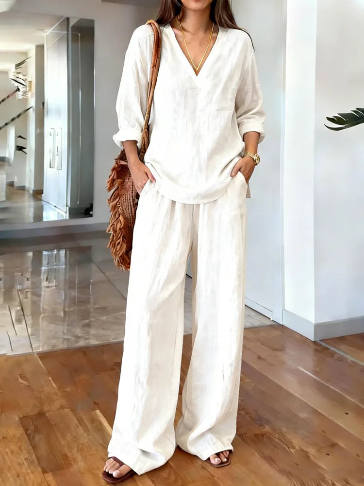 María Pilar | Conjunto casual de lino con textura y escote en V