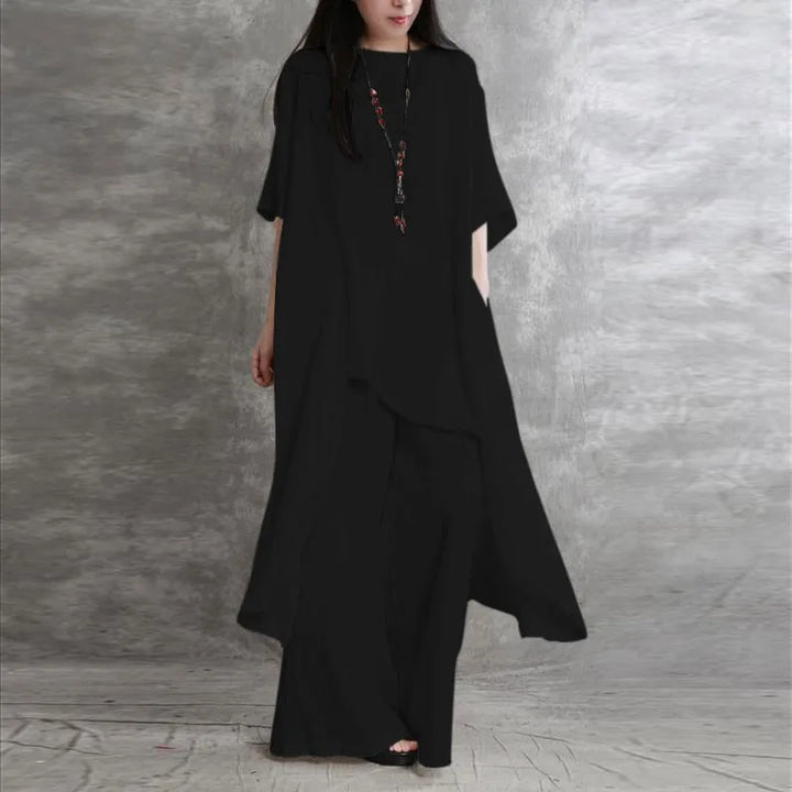 Sabrina | Conjunto de dos piezas: blusa holgada de manga tres cuartos y pantalón de pata ancha con cintura elástica.
