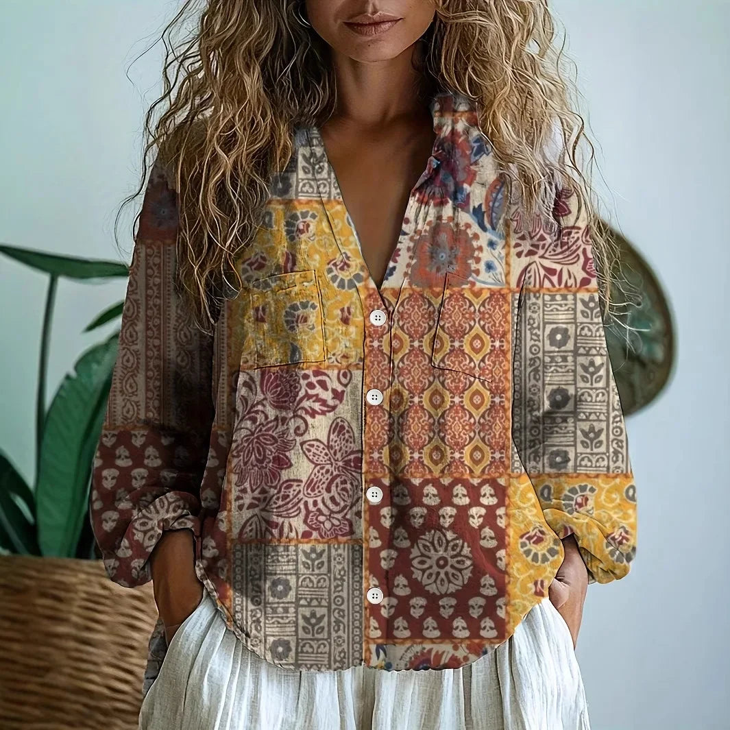 Blusa de Mujer | Estampada con Escote en V y Mangas Largas