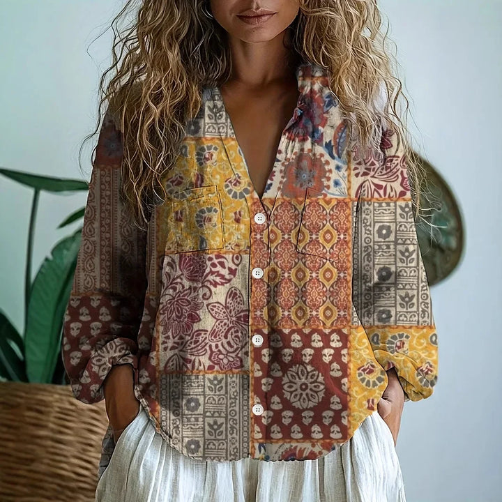 Blusa de Mujer | Estampada con Escote en V y Mangas Largas
