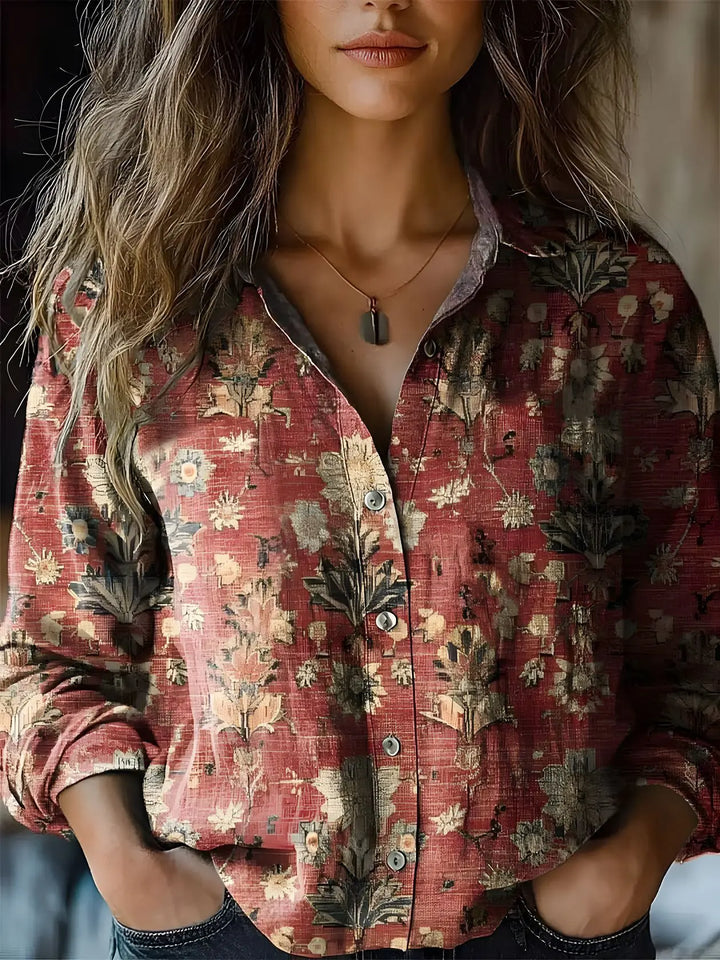 Otoño | Camisa de Botón de Manga Larga con Estampado Floral Vintage para Damas