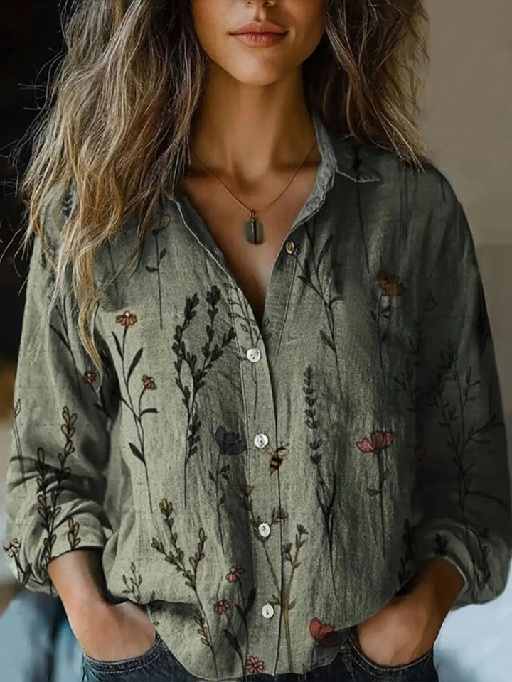 Otoño | Camisa de Botón de Manga Larga con Estampado Floral Vintage para Damas