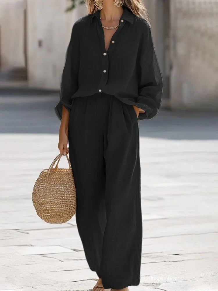 Silvia | Conjunto de dos piezas con blusa de manga larga y pantalón de pata ancha