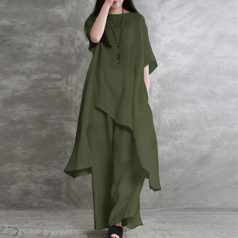 Sabrina | Conjunto de dos piezas: blusa holgada de manga tres cuartos y pantalón de pata ancha con cintura elástica.