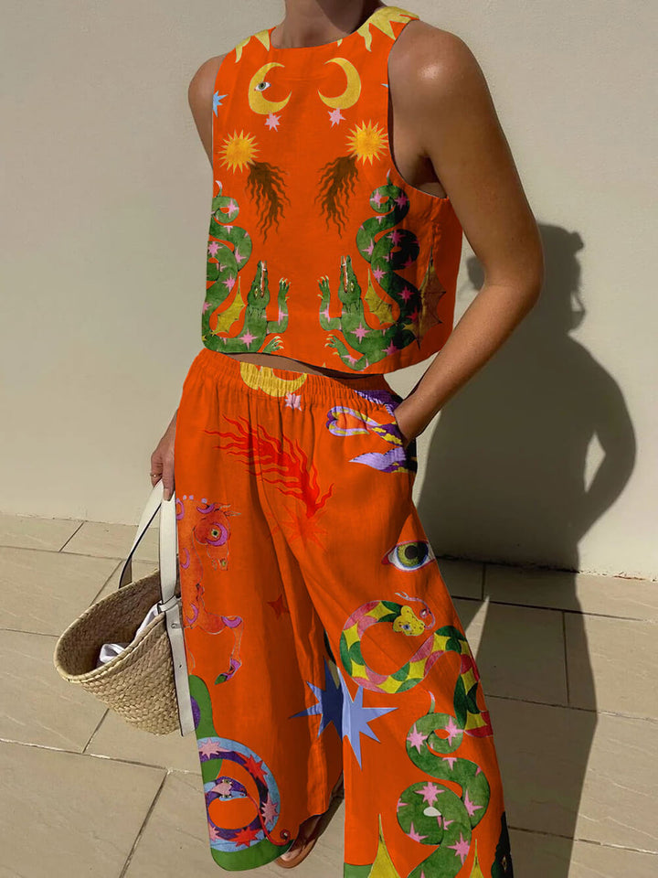 Conjunto de Top Sin Mangas con Estampado y Pantalones con Bolsillos