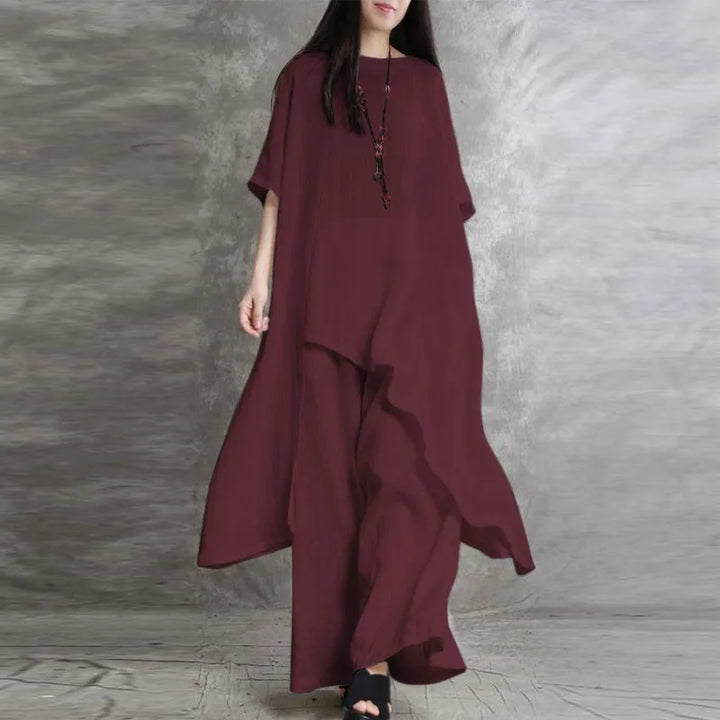 Sabrina | Conjunto de dos piezas: blusa holgada de manga tres cuartos y pantalón de pata ancha con cintura elástica.