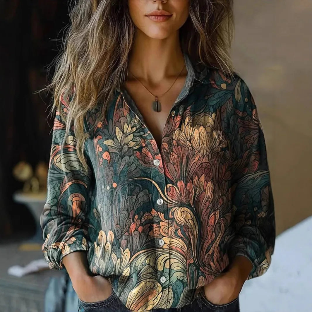 Otoño | Camisa de Botón de Manga Larga con Estampado Floral Vintage para Damas