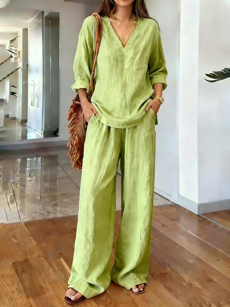 María Pilar | Conjunto casual de lino con textura y escote en V