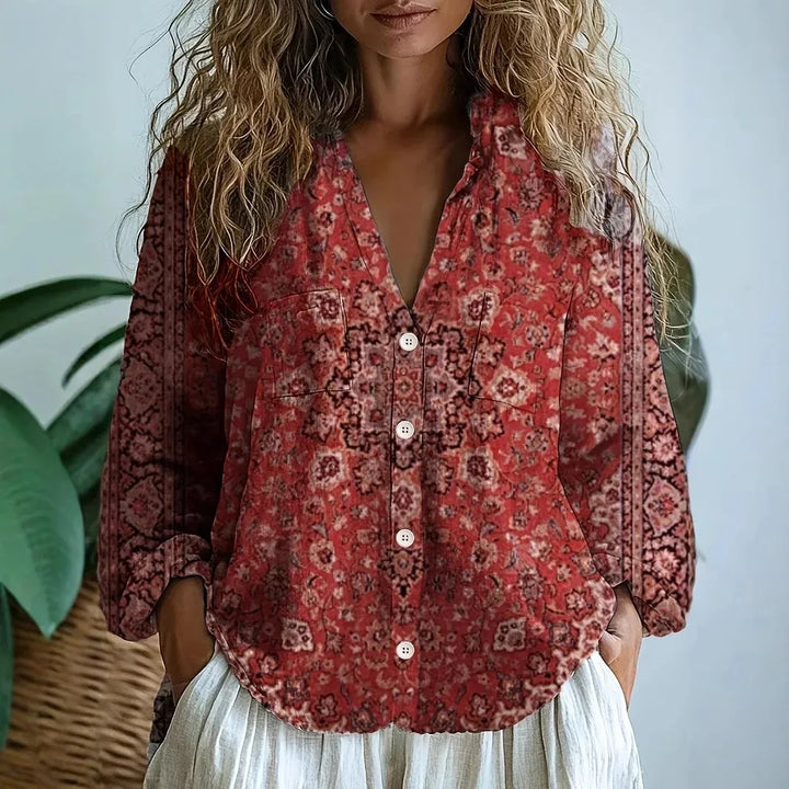 Blusa de Mujer | Estampada con Escote en V y Mangas Largas