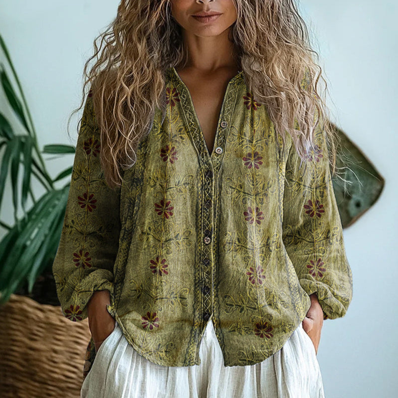 Blusa de Mujer | Estampada con Escote en V y Mangas Largas