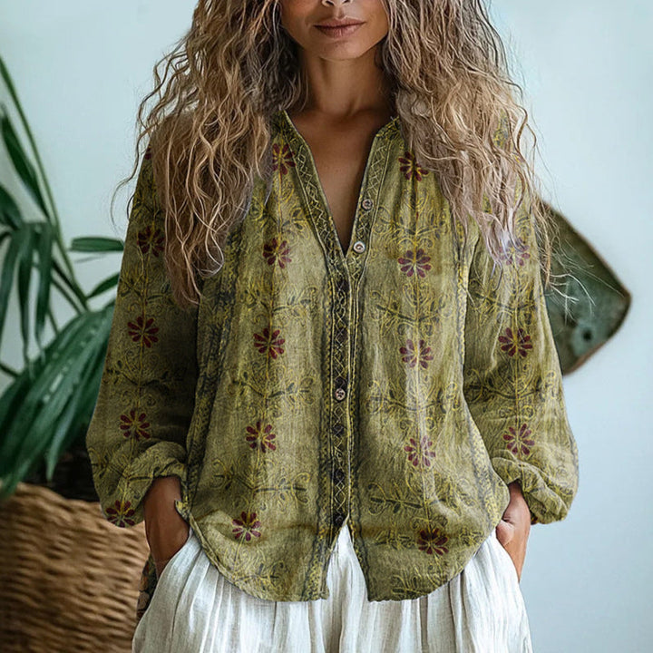Blusa de Mujer | Impresa con Escote en V y Manga Larga