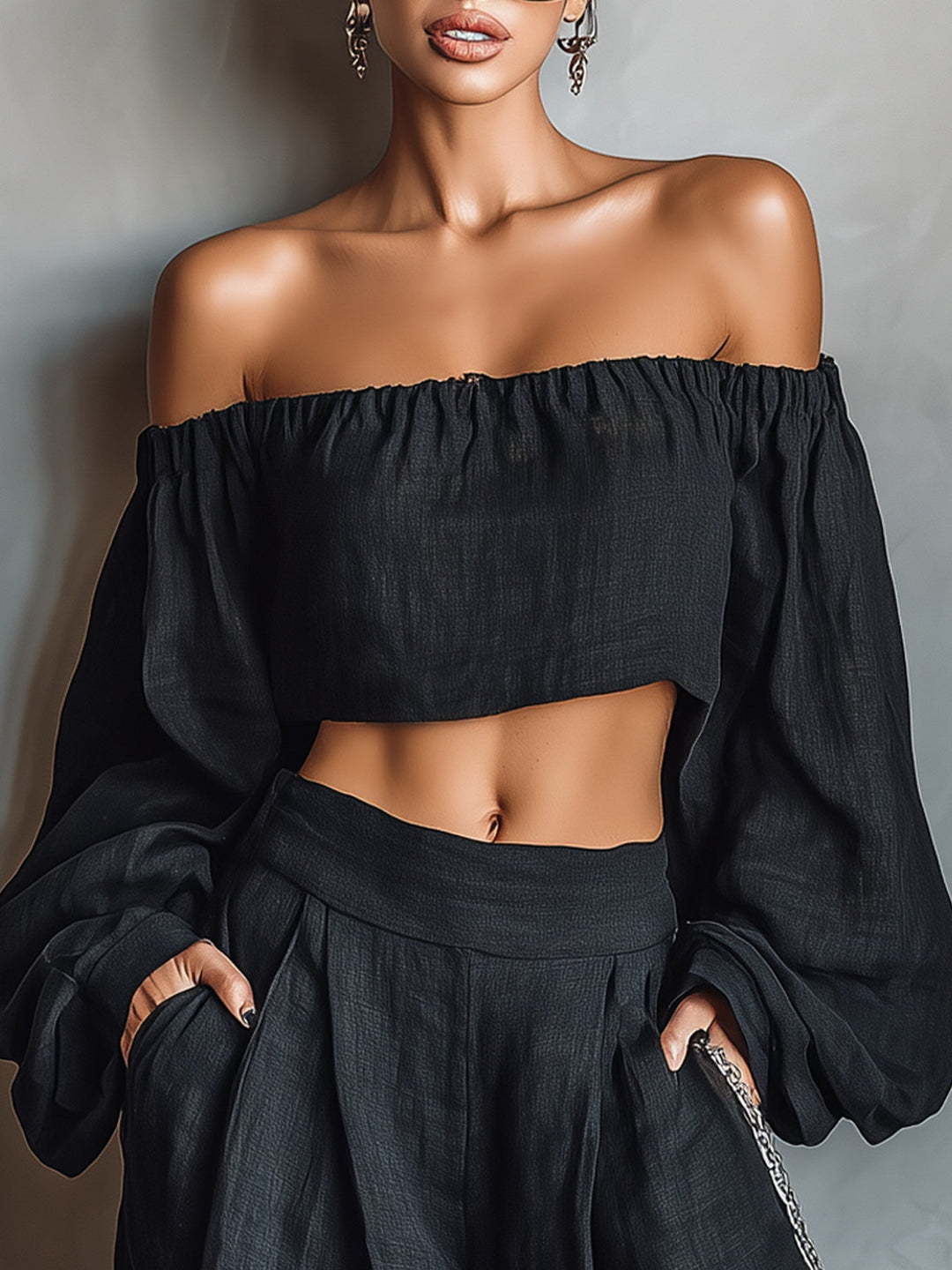 Conjunto de Top Sin Hombros y Pantalones de Pierna Ancha Serena