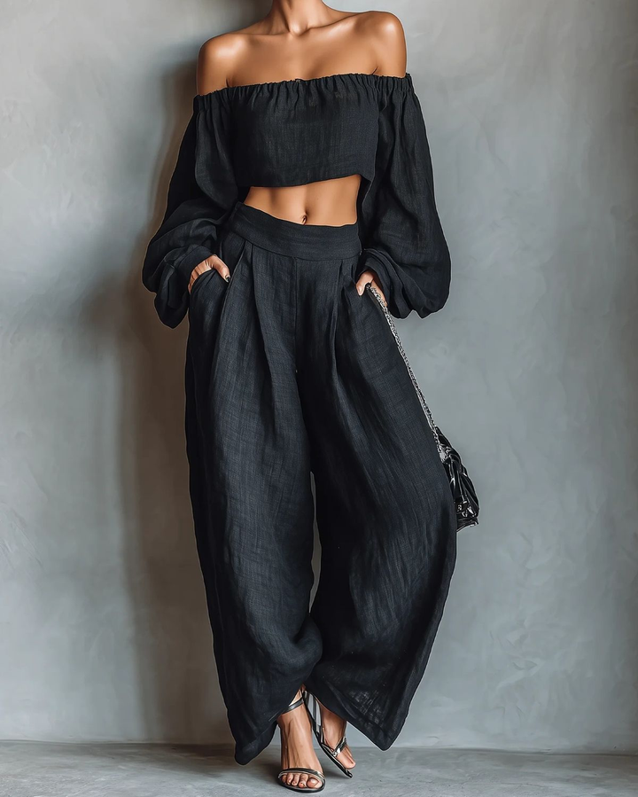 Conjunto de Top Sin Hombros y Pantalones de Pierna Ancha Serena