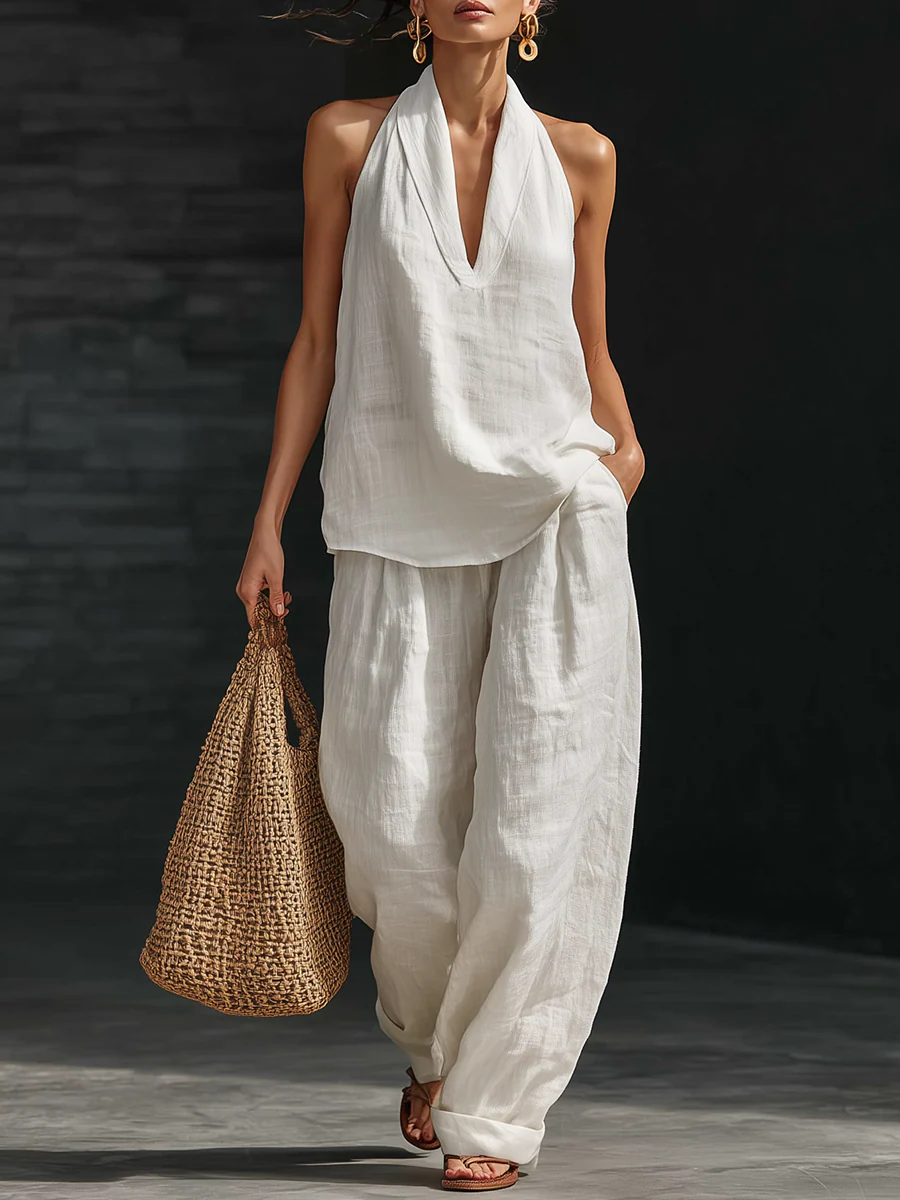 Conjunto de Top Sin Mangas en V Lila y Pantalones de Pierna Ancha