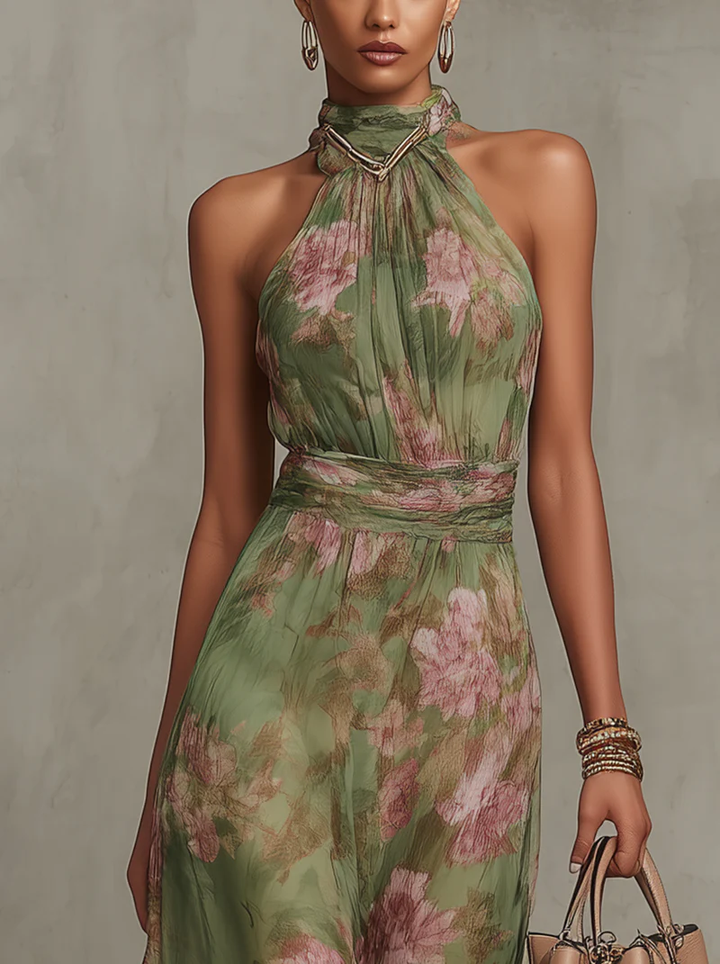 Serena ∙ Vestido largo verde con flores de chiffon y escote halter