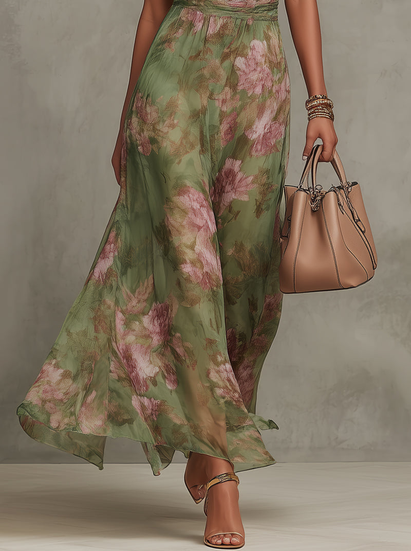 Serena ∙ Vestido largo verde con flores de chiffon y escote halter