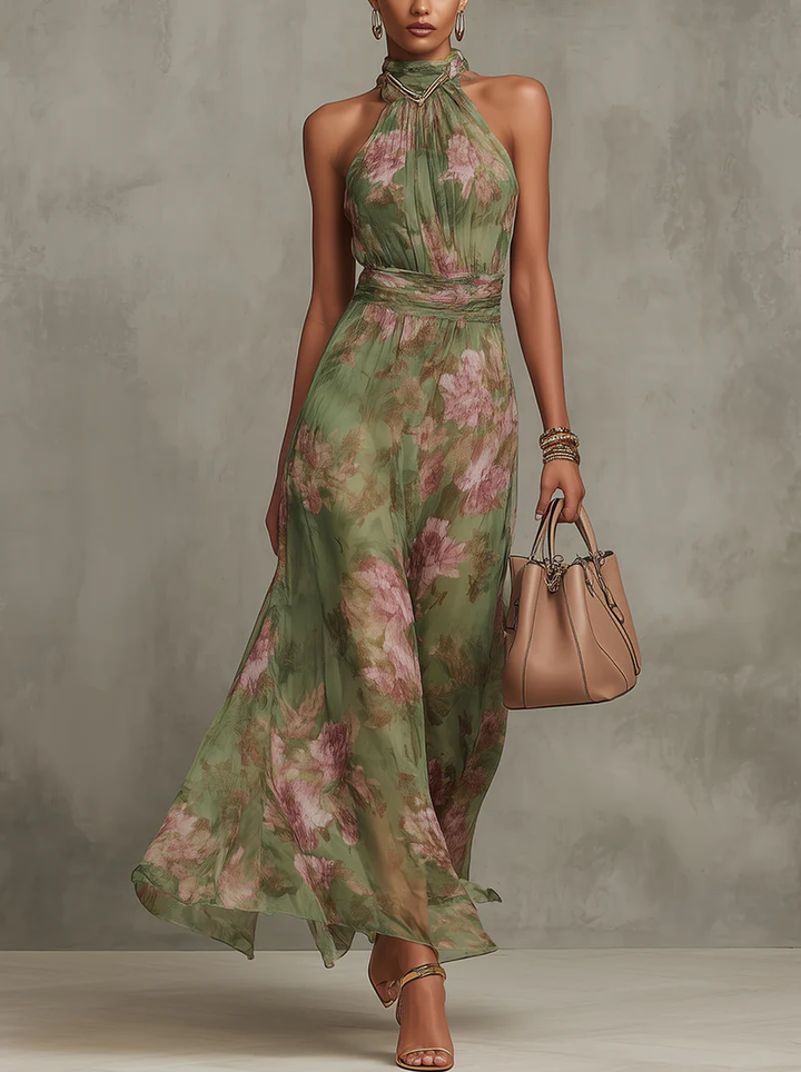Serena ∙ Vestido largo verde con flores de chiffon y escote halter