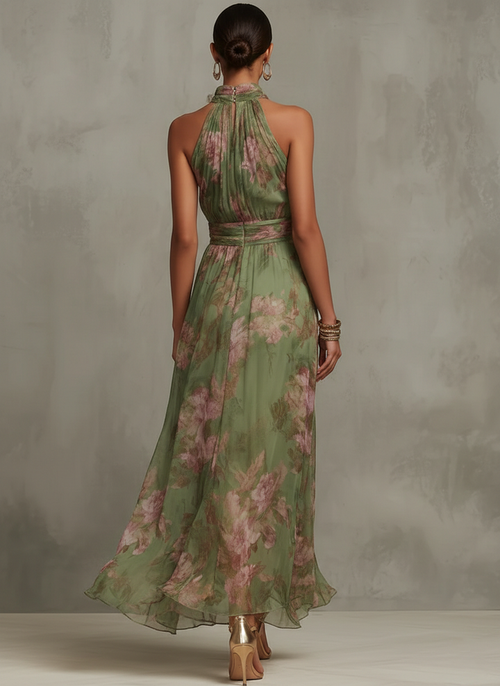 Serena ∙ Vestido largo verde con flores de chiffon y escote halter