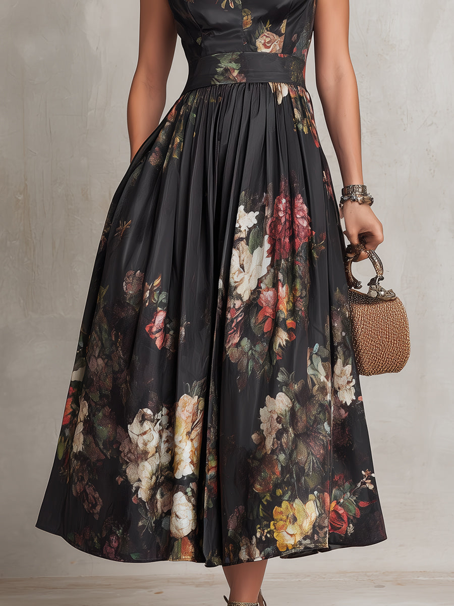 Violetta - Vestido midi negro de satén plisado con estampado floral y cuello con abertura en forma de llave