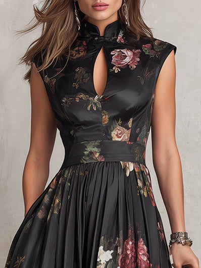 Violetta - Vestido midi negro de satén plisado con estampado floral y cuello con abertura en forma de llave