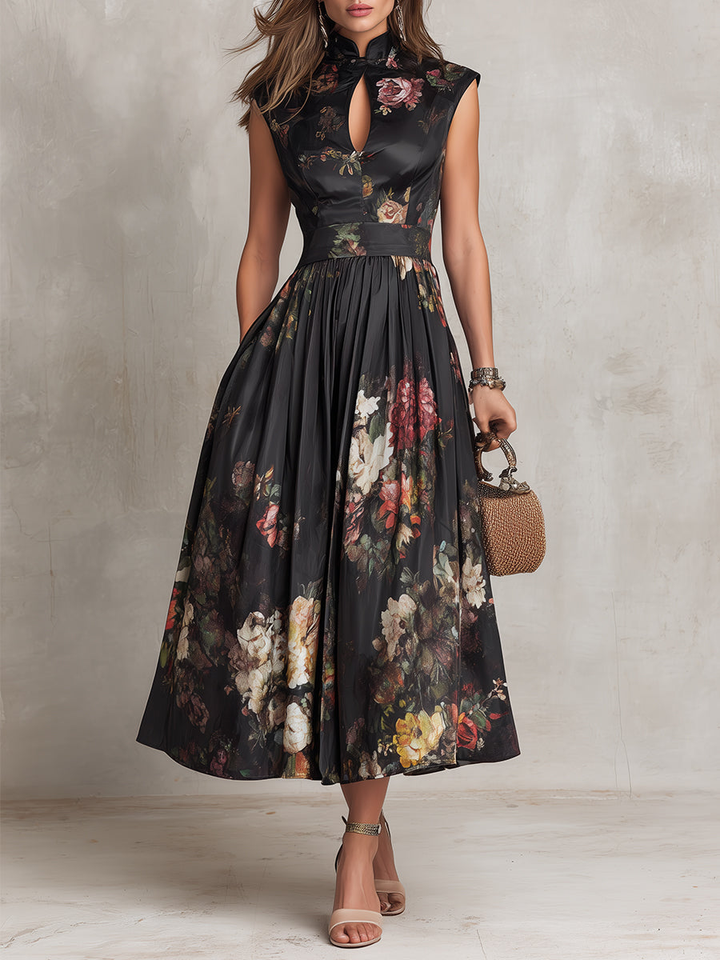 Violetta - Vestido midi negro de satén plisado con estampado floral y cuello con abertura en forma de llave