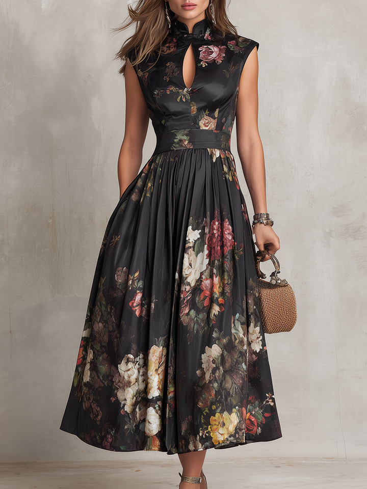 Violetta - Vestido midi negro de satén plisado con estampado floral y cuello con abertura en forma de llave