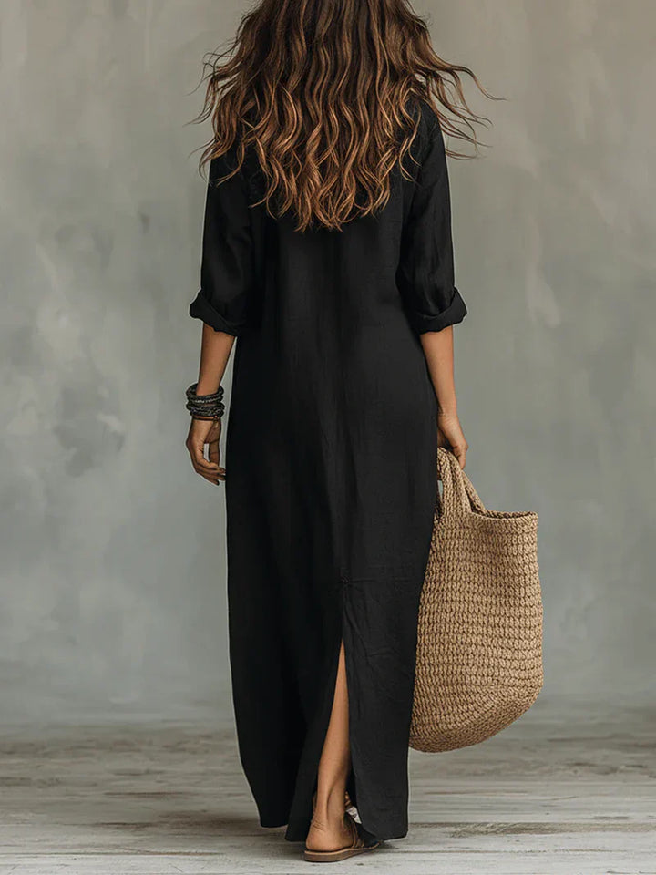 Selena™ | Vestido Maxi Negro Suelto con Botones