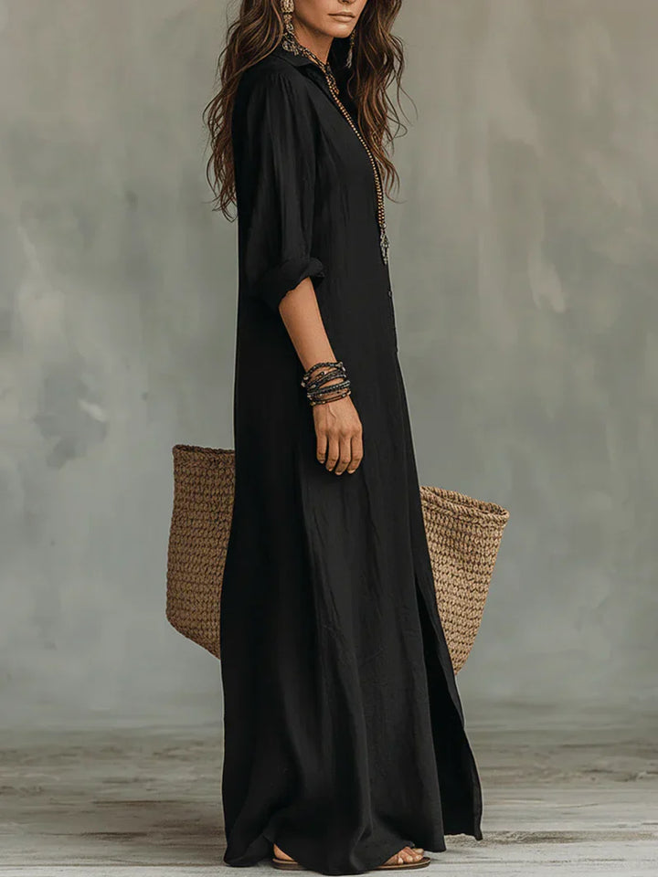 Selena™ | Vestido Maxi Negro Suelto con Botones