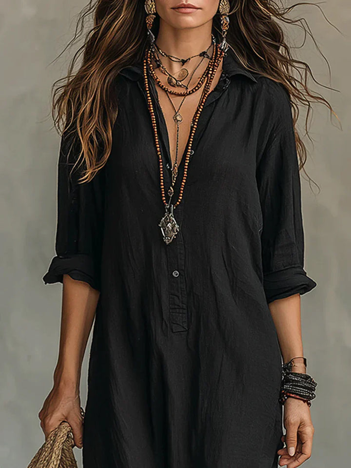 Selena™ | Vestido Maxi Negro Suelto con Botones