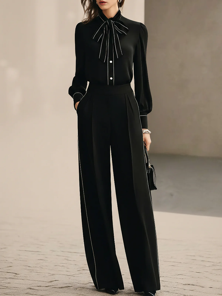 "Conjunto de Blusa con Lazo Bianca y Pantalones de Pierna Ancha"