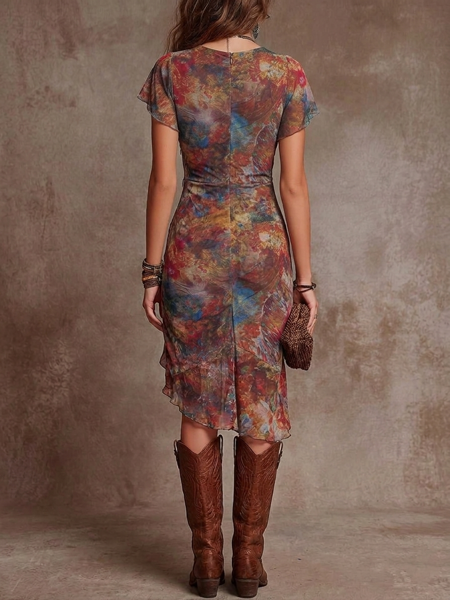 Martina · Vestido midi plisado con escote en V, impresión de arte abstracto de estilo bohemio