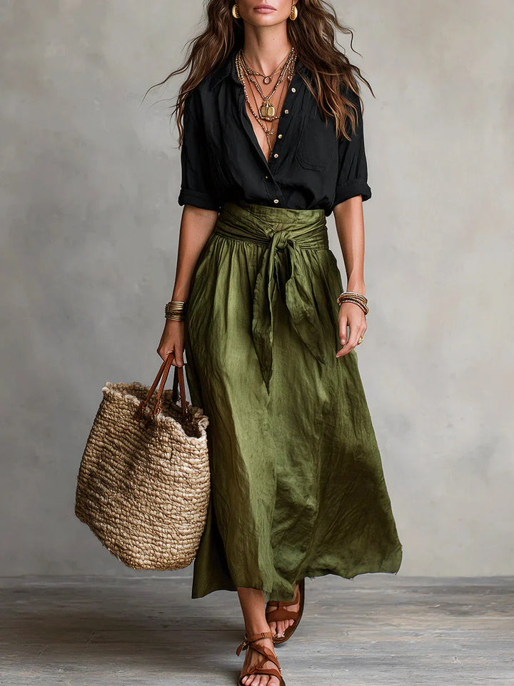 Vera | Conjunto de dos piezas: blusa negra y falda midi verde oliva
