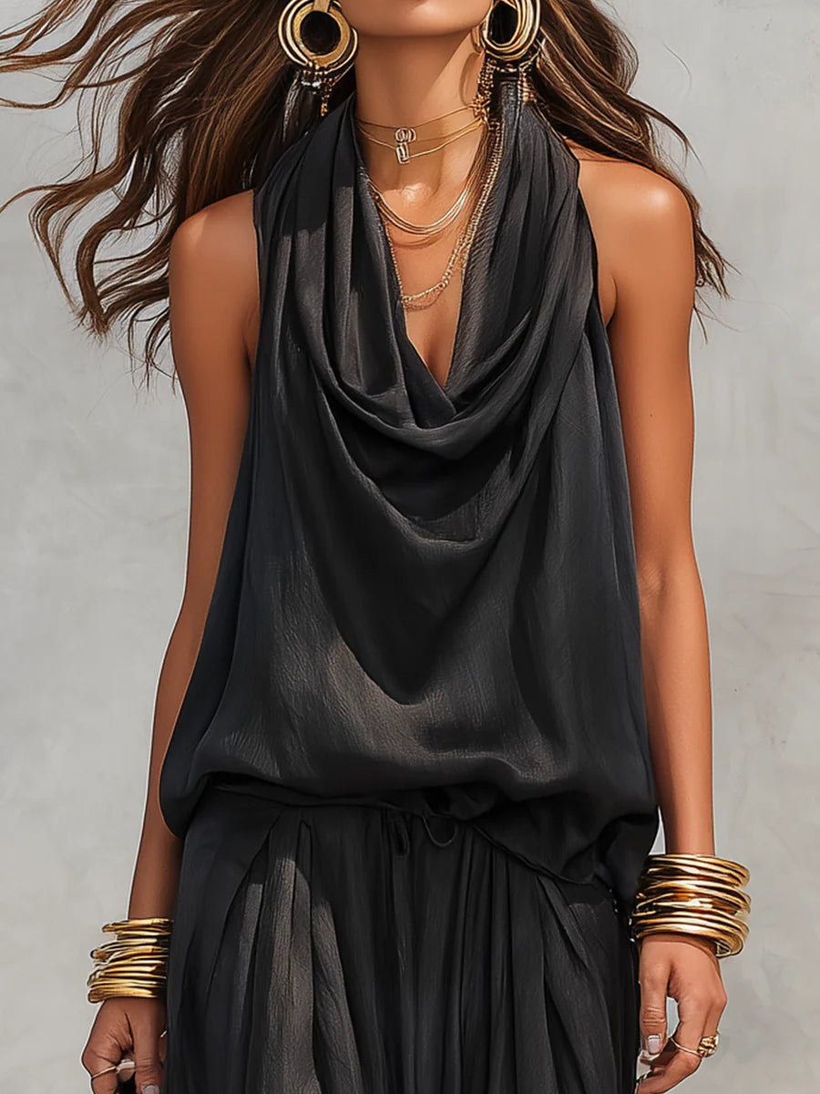 Conjunto de Top Halter y Pantalones Plisados Serena
