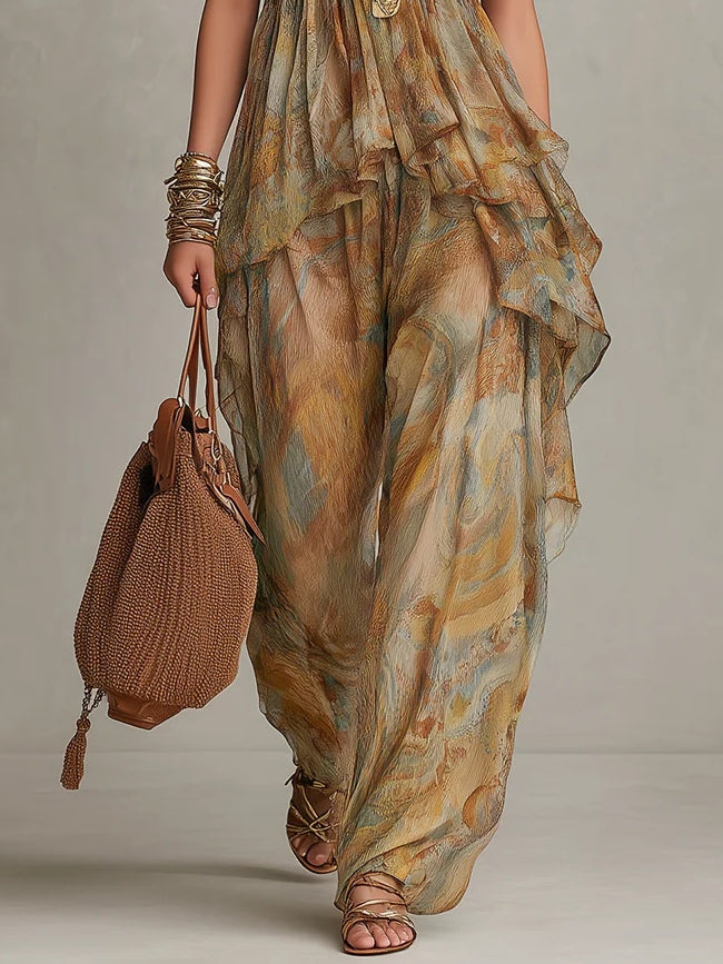 Conjunto de Blusa de Chiffon con Volantes y Pantalones de Pierna Ancha
