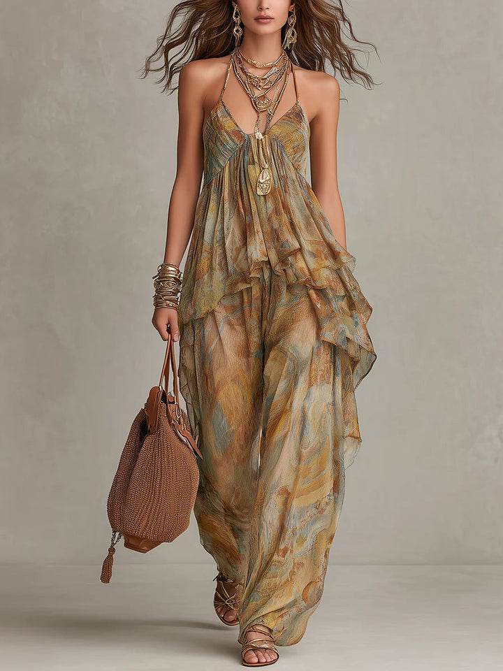 Conjunto de Blusa de Chiffon con Volantes y Pantalones de Pierna Ancha